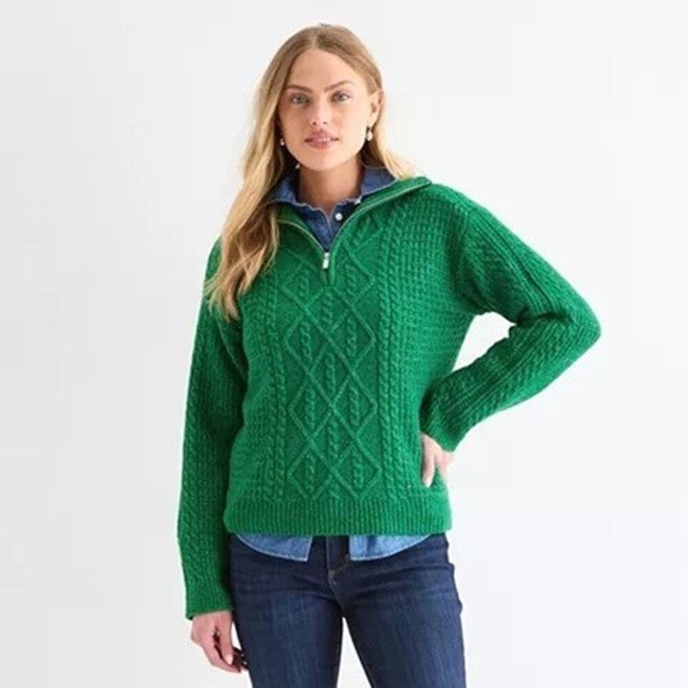 St Johns Bay XXL Sweater Green Heather Quarter-Zip Pullover Soft Cozy Cable Knit